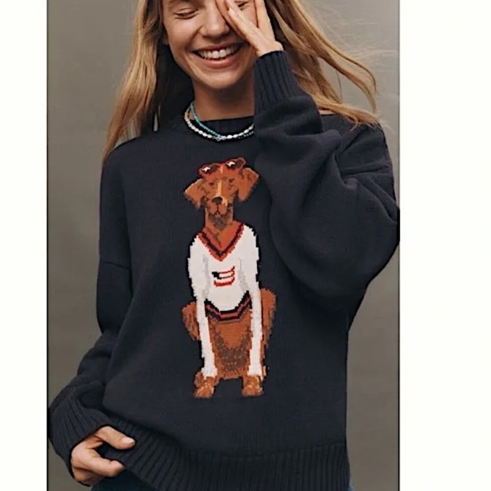Anthropologie Navy Sweater with Brown Dog Intarsia